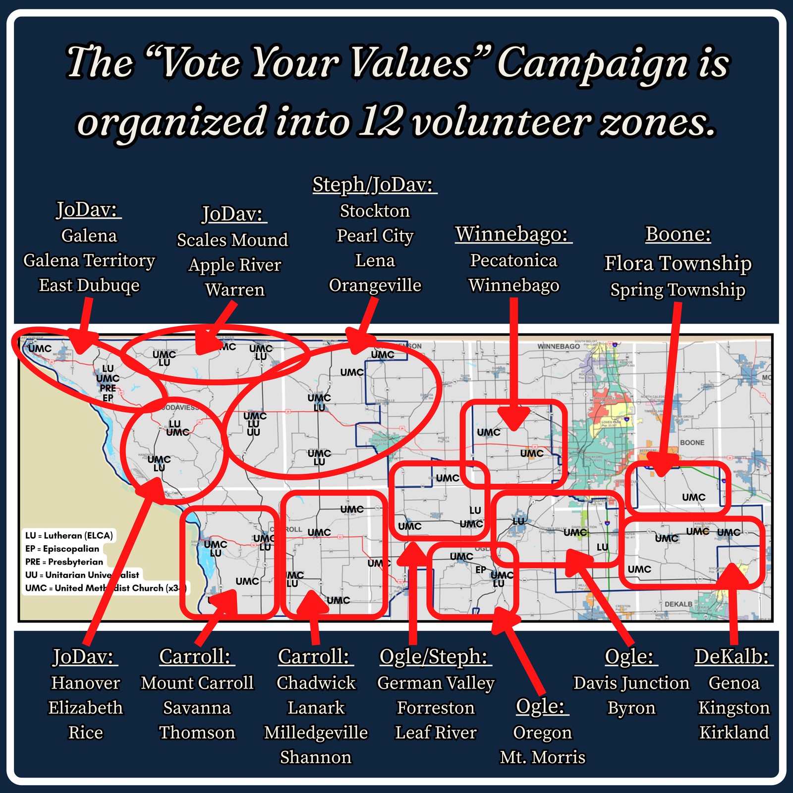 Map of House District 89 showing 12 volunteer zones across JoDaviess, Stephenson, Carroll, Ogle, Winnebago, Boone, and DeKalb counties