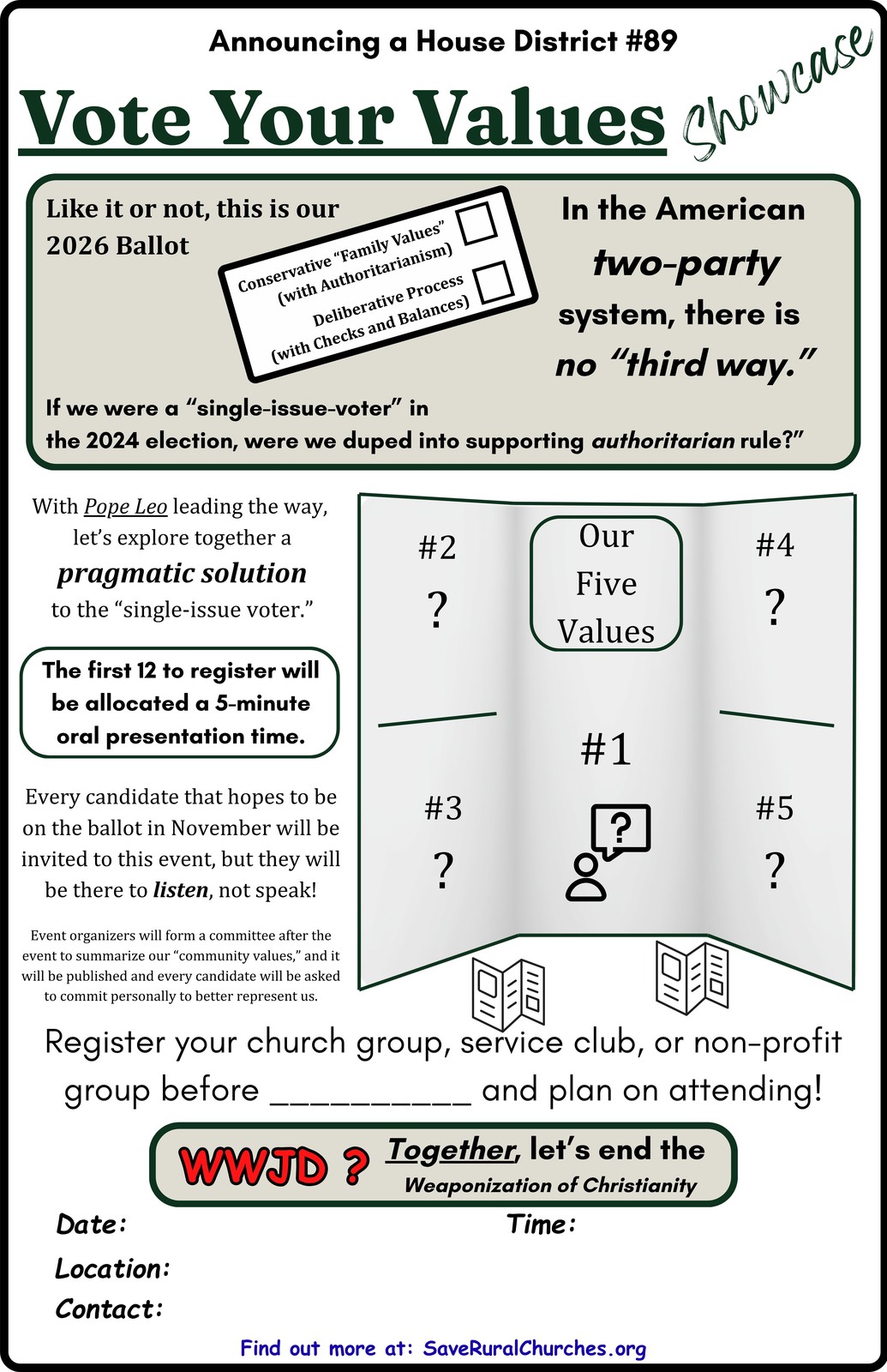 Vote Your Values Showcase poster, announcing the House District 89 community values event